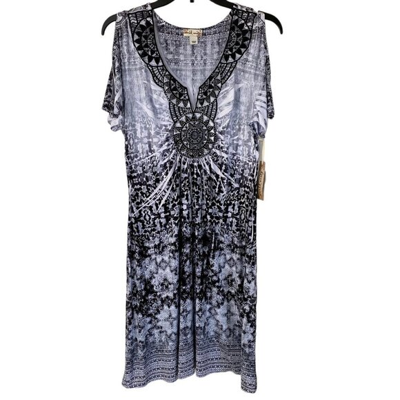 World Unity Women's S black and white casual dress open shoulders and sequin - Picture 12 of 15